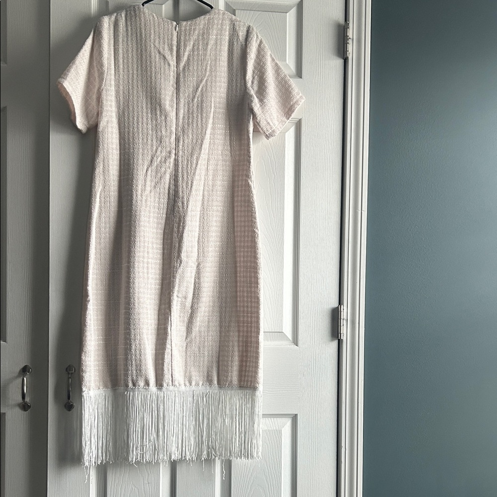 Elegant Cream Short Sleeve Dress with Fringe Hem - Picture 10 of 16